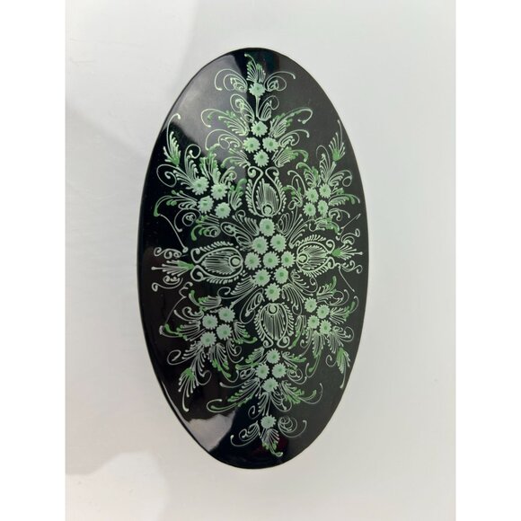 Vintage Green Teal Black Lacquer Oval Trinket Box Floral Pretty Home Decor Vanit - Picture 3 of 14